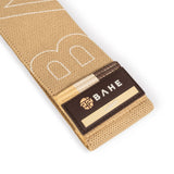 Beige belt with a brown label featuring the brand 'BAHE' on a white background
