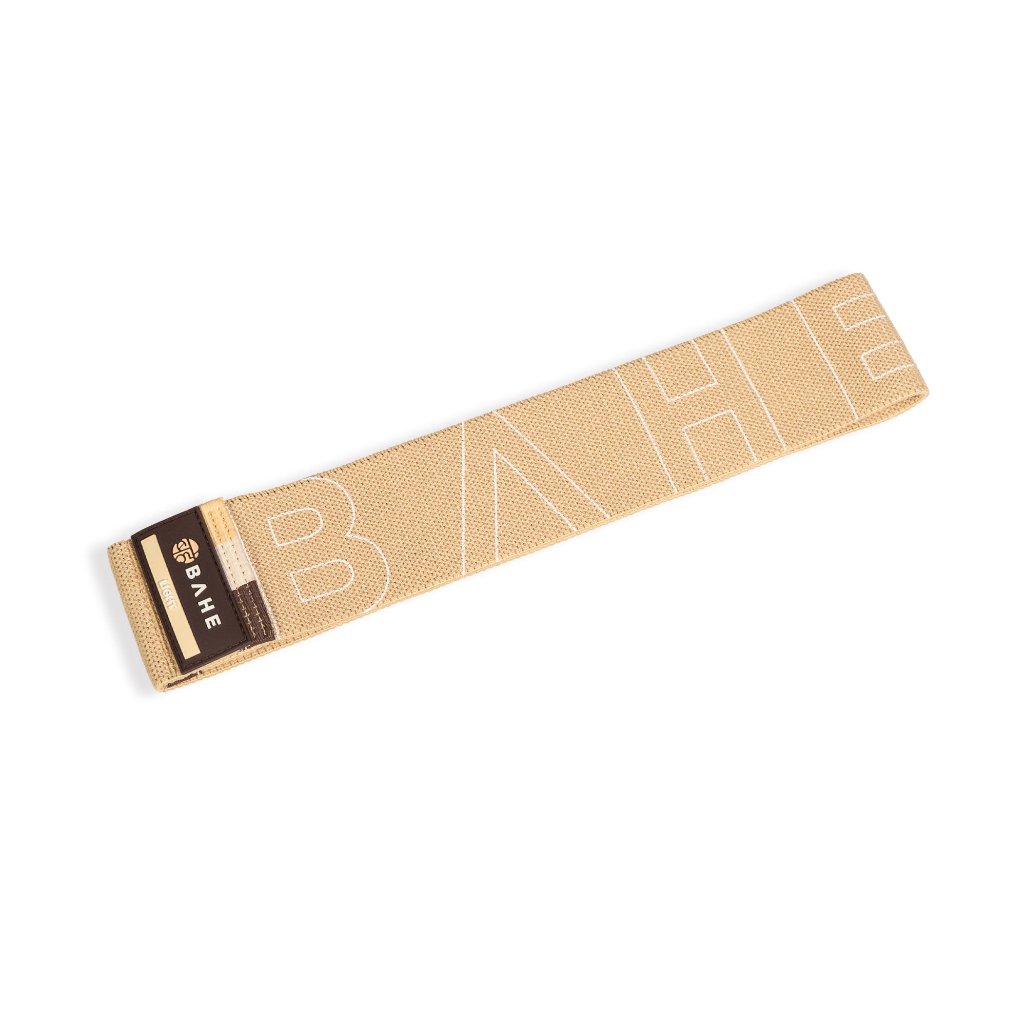 Beige resistance band with BAHE logo on a white background