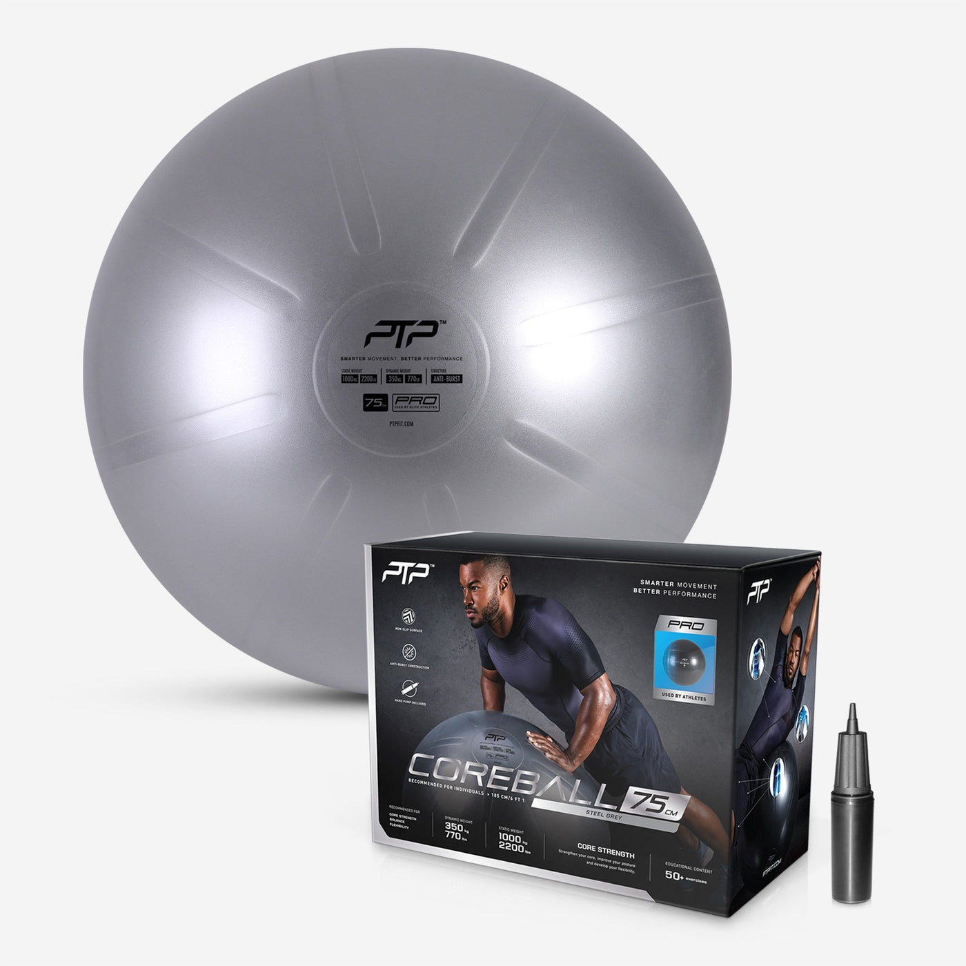 PTP Steel Grey CoreBall with Manula Pump Included & Exercises to Build a Strong Core